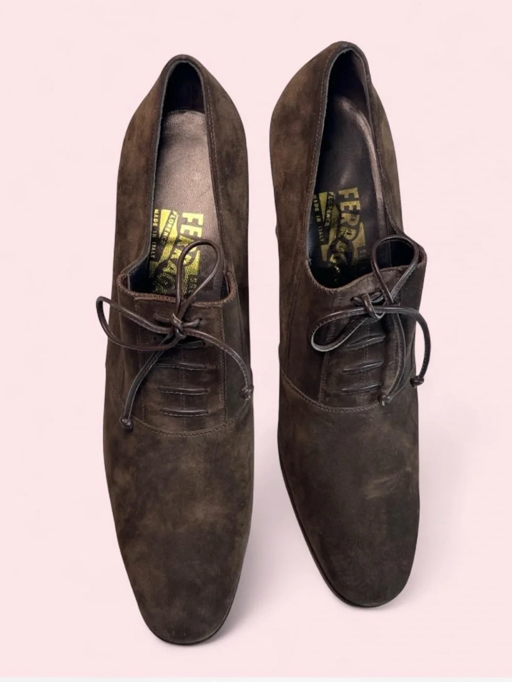 Vintage Ferragamo brown suede lace up platform heels 8.5 NARROW
